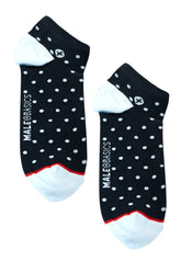 Black ankle socks with white polka dots and red trim featuring malebasics logo for everyday wear