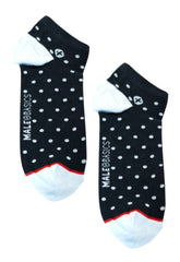 Black ankle socks with white polka dots and red trim featuring malebasics logo for everyday wear