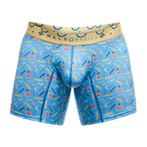 Malebasics boxer brief in blue with retro yellow red white geometric pattern and tan branded waistband