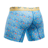 Malebasics boxer brief blue boxer briefs with retro geometric yellow red and white pattern and gold waistband