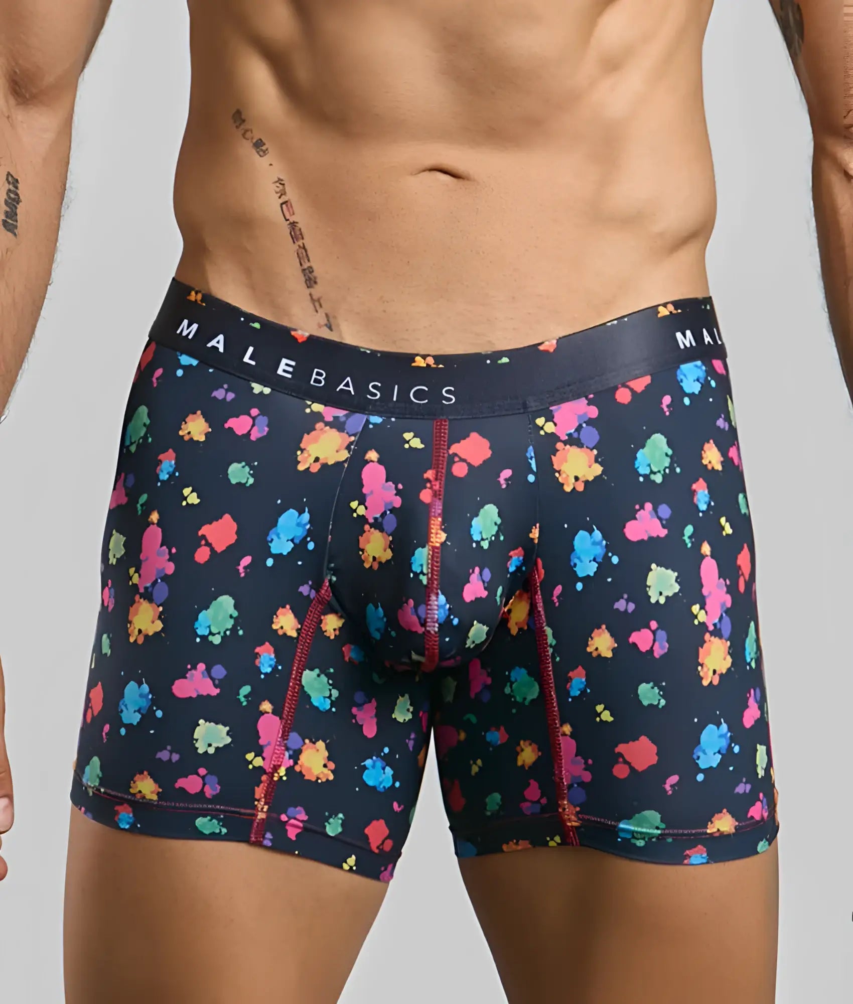 Malebasics boxer brief hipster black splash men’s navy blue boxer briefs with multicolored paint splatter and red stitching