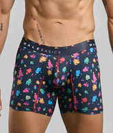 Malebasics boxer brief hipster black splash men’s navy blue boxer briefs with multicolored paint splatter and red stitching