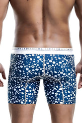 Malebasics boxer brief hipster paros in blue and white leopard print with branded waistband for comfortable wear
