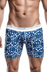 Malebasics boxer brief hipster paros in blue and white patterned fabric with branded elastic waistband for men