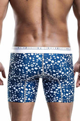 Malebasics boxer brief hipster paros in blue and white leopard print with branded waistband for comfortable wear
