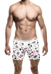 Malebasics boxer brief hipster poker with playful black red and gray playing cards and dice pattern on white fabric