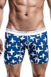 Malebasics boxer brief hipster santorini in blue with white airplane pattern and male basics logo waistband