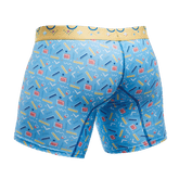 Malebasics boxer brief blue boxer briefs with retro geometric yellow red and white pattern and gold waistband