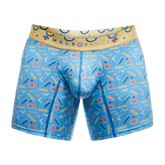 Malebasics boxer brief in blue with retro yellow red white geometric pattern and tan branded waistband