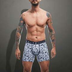 White malebasics boxer briefs with black and white facial expression graphics on waistband for everyday wear