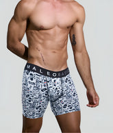 White men’s boxer briefs with black barber skull pattern and navy blue male basic waistband malebasics boxerbrief barber skulls