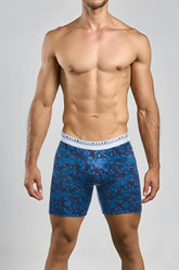 Blue patterned malebasics boxer briefs with white original basics male waistband featuring flamingos design