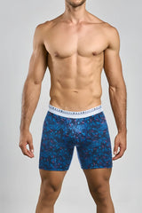 Blue patterned malebasics boxer briefs with white original basics male waistband featuring flamingos design