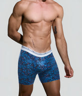 Malebasics boxerbrief flamingos in blue and purple patterned fabric with white waistband and basics male logo