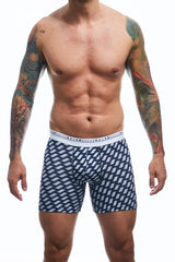 Malebasics boxerbrief formula 1 navy blue and white geometric patterned boxer briefs with white elastic basic male waistband