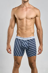 Navy blue Malebasics boxerbrief formula 1 with light gray geometric parallelograms and white basicsmal waistband
