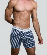 Malebasics boxerbrief formula 1 navy blue and white geometric patterned boxer briefs with branded elastic waistband