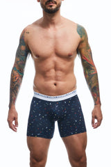 Dark blue malebasics boxerbrief party with colorful abstract pattern and basic m branded white elastic waistband