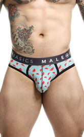 Light blue watermelon patterned malebasics brief with black trim and dark waistband featuring basics male logo