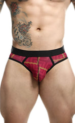 Malebasics brief sexy pouch in vibrant red and yellow patterned fabric with black trim for a bold look