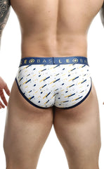 Malebasics brief sexy pouch white men’s briefs with navy and gold geometric pattern and navy le basile waistband