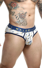 Malebasics brief sexy pouch men’s briefs in white and navy blue pattern with bold male basic waistband