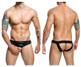 Malebasics dmblo1 dngeon black leather briefs with front closure and side straps for secure fit and support
