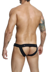 Black malebasics dmble01 dngeon cockring jockstrap back side showing open-back briefs with elastic waistband and adjustable straps