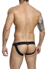 Malebasics dmbly03 dngeon black leather-like harness-style briefs with silver buckle and rivets front view