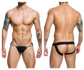 Black leather male basics dmbl03 dungeon snap jockstrap with metallic ring and buckle accents front view