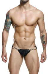 Malebasics dmblo3 dngeon black leather thong with metallic horsebit hardware and snap jockstrap design