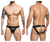 Black leather thong malebasics dmblo4 dngeon peakaboo jockstrap with adjustable straps and metal buckle