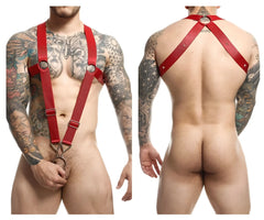 Malebasics dmbL05 dngeon crossback harness in cherry red leather with metal rings and buckles shown from the back