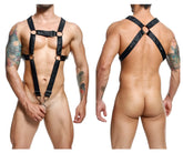 Black leather male basics dmble07 dngeon cross cockring harness with adjustable straps and metal rings
