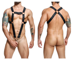 Black leather male basics dmble07 dngeon cross cockring harness with adjustable straps and metal rings