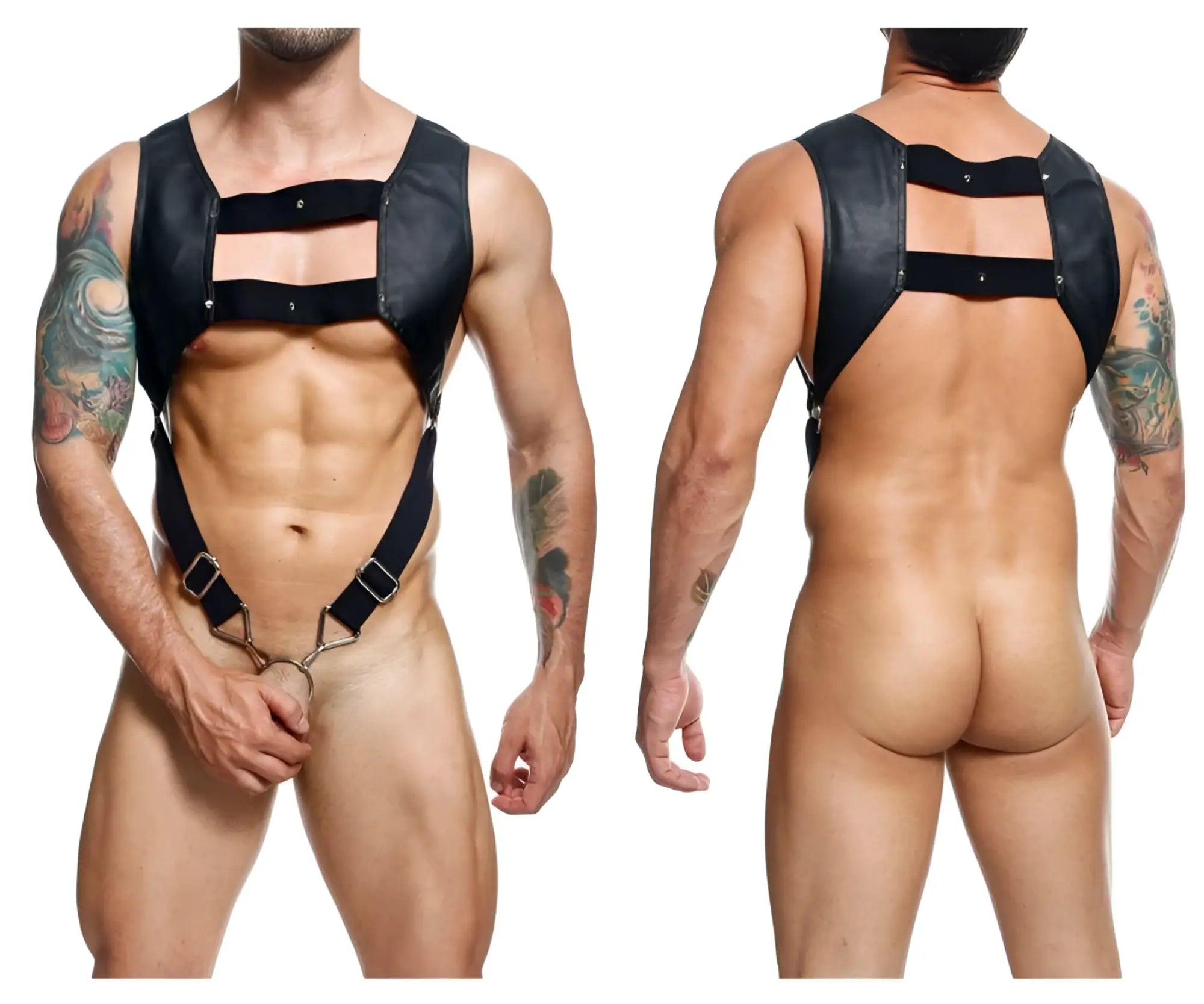 Black leather male basics dmble08 dngeon croptop cockring harness with metal buckles and chain attachment