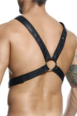 Malebasics dmblo9 dngeon cross chain harness black leather with silver metal rings and studs for men