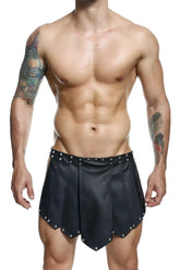 MaleBasics DMBL10 dungeon Roman skirt black black leather pleated shorts with silver studs along hem and waistband