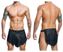 Black leather malebasics dmble10 dngeon roman skirt with silver studs and belt buckle detail front view
