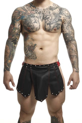 Black leather malebasics dungeon roman skirt with red stitching and silver studs along the hem