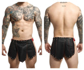 Black leather malebasics dmble10 dngeon roman skirt with red stitching and silver studs along edges in black red