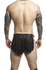 Malebasics dmbl10 dngeon roman skirt black red black leather shorts with silver studs and red stitching front view