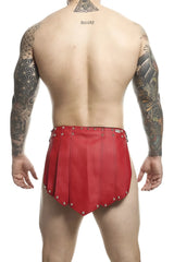 Red leather malebasics dmble10 dngeon roman skirt shorts with metallic studs along the edges in red color