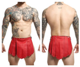 MaleBasics DMBL10 DNGEON Roman skirt in red leather with pleated design and metallic studs along the hem