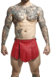 Red leather roman-style shorts with silver studs from malebasics dmb10 dngeon roman skirt in color red