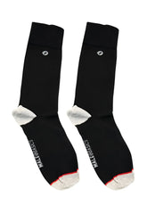 Malebasics dress sock black featuring white toe and heel accents with red trim and small logo near the top