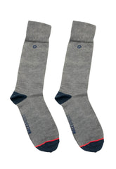 Malebasics dress sock gray heathered with navy blue toe heel accents red trim and small embroidered logo near top