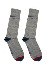Malebasics dress sock gray heathered with navy blue toe heel accents red trim and small embroidered logo near top