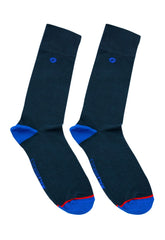 Malebasics dress sock navy crew socks in dark navy with royal blue toe heel accents and subtle embroidered logo