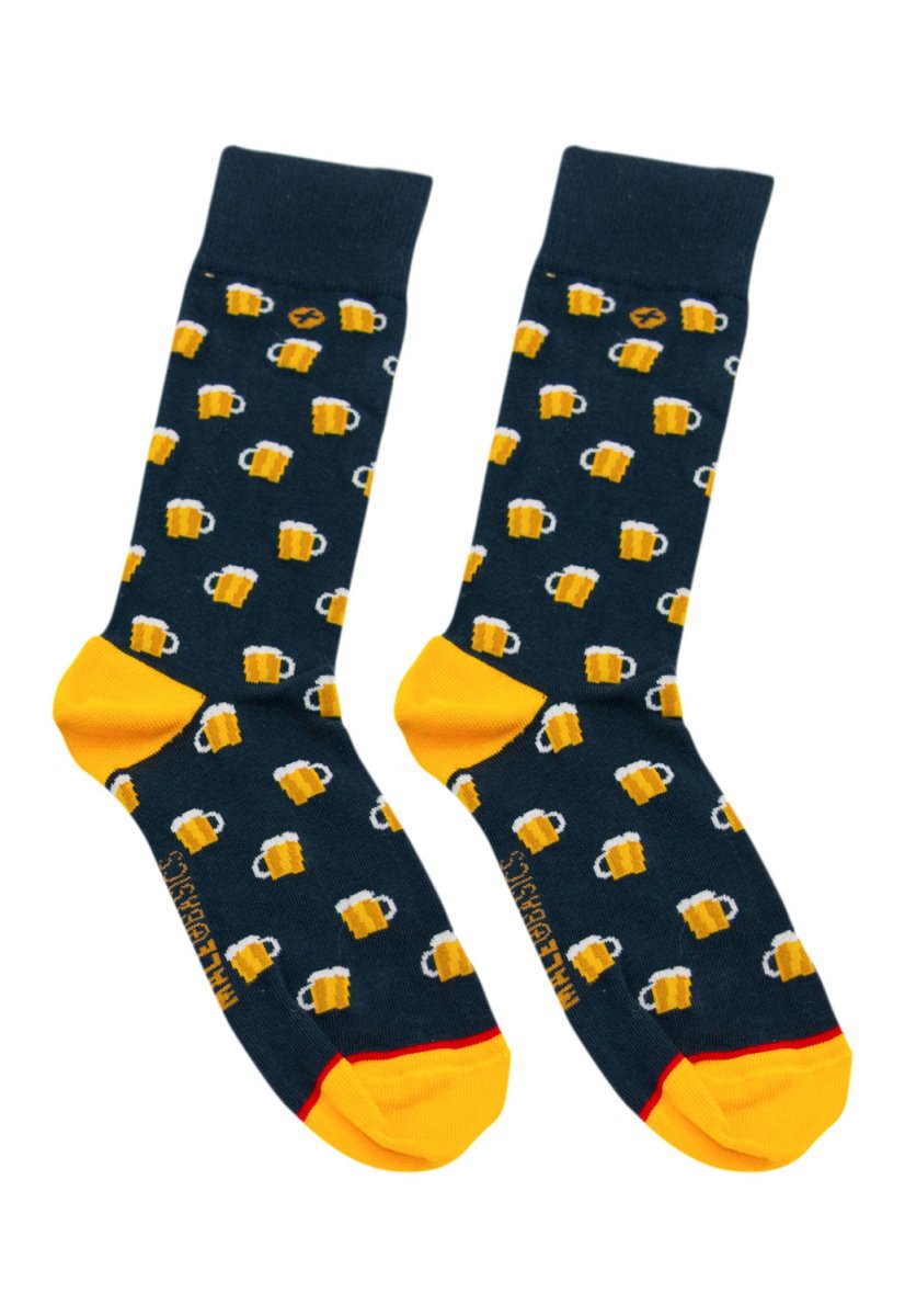 Male basics fun sock-beers dark blue socks with yellow beer mug pattern and bright yellow toes and heel accents